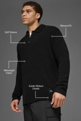 Polo à manches longues en maille texturée – Noir