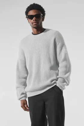 Pull à col rond Domain en maille côtelée - Gris chiné athlétique