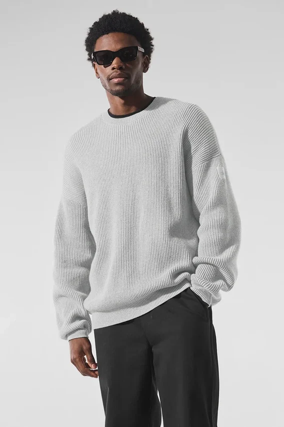 Pull à col rond Domain en maille côtelée - Gris chiné athlétique