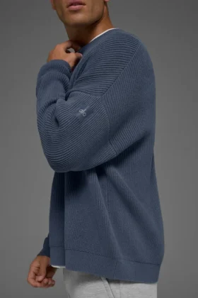 Pull à col rond en maille côtelée Domain – Bleu pierre
