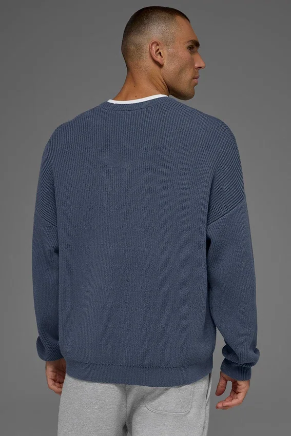 Pull à col rond en maille côtelée Domain - Bleu pierre