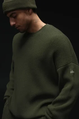 Pull à col rond en maille côtelée Domain - Vert olive