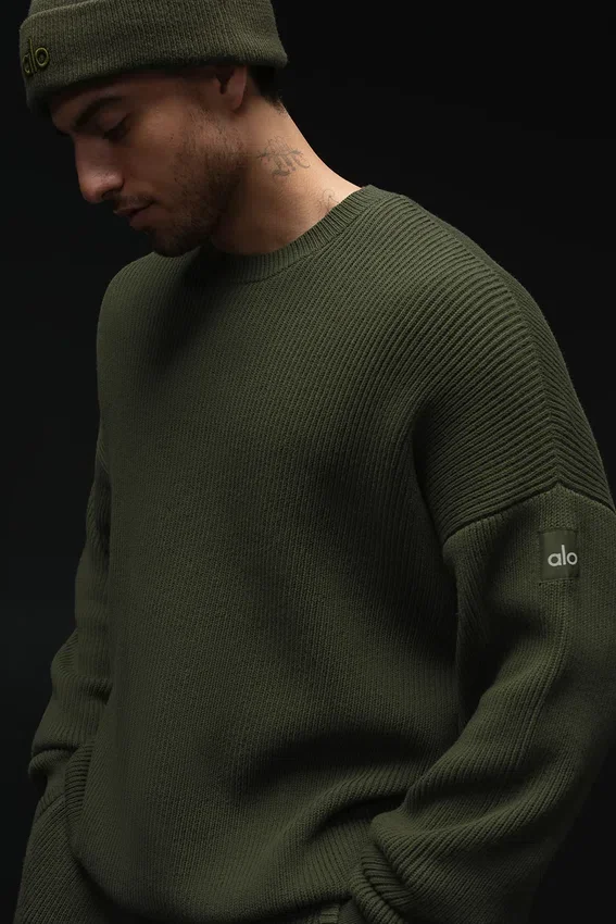 Pull à col rond en maille côtelée Domain - Vert olive