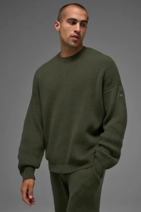 Pull à col rond en maille côtelée Domain – Vert olive