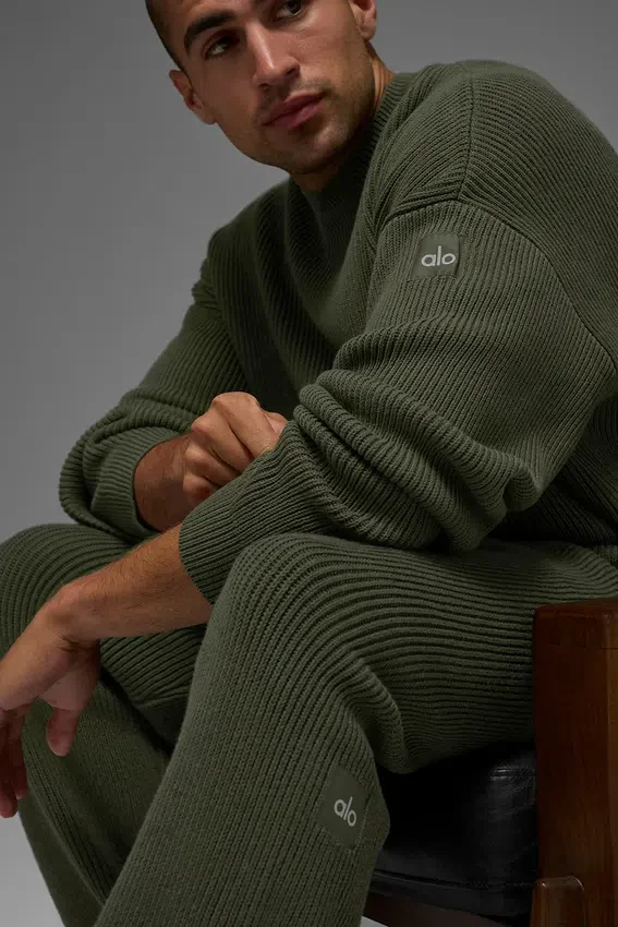 Pull à col rond en maille côtelée Domain - Vert olive