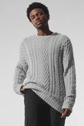 Pull à col rond en maille torsadée - Gris chiné athlétique