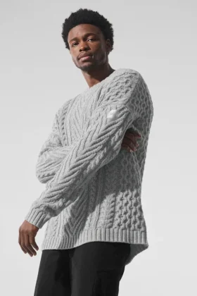 Pull à col rond en maille torsadée – Gris chiné athlétique