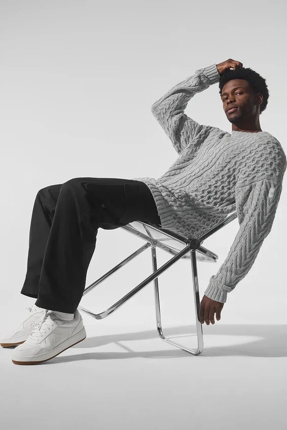 Pull à col rond en maille torsadée - Gris chiné athlétique