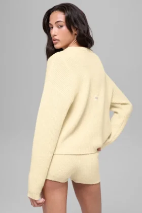 Pull à col rond Noble en laine et cachemire à côtes – Jaune bougie