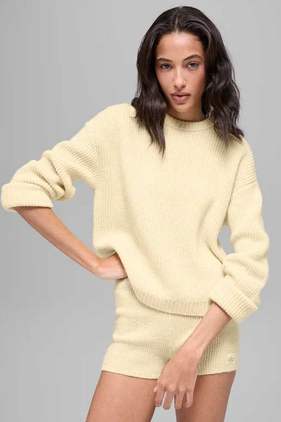 Pull à col rond Noble en laine et cachemire à côtes - Jaune bougie