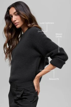 Pull à col rond Noble en laine et cachemire à côtes – Noir