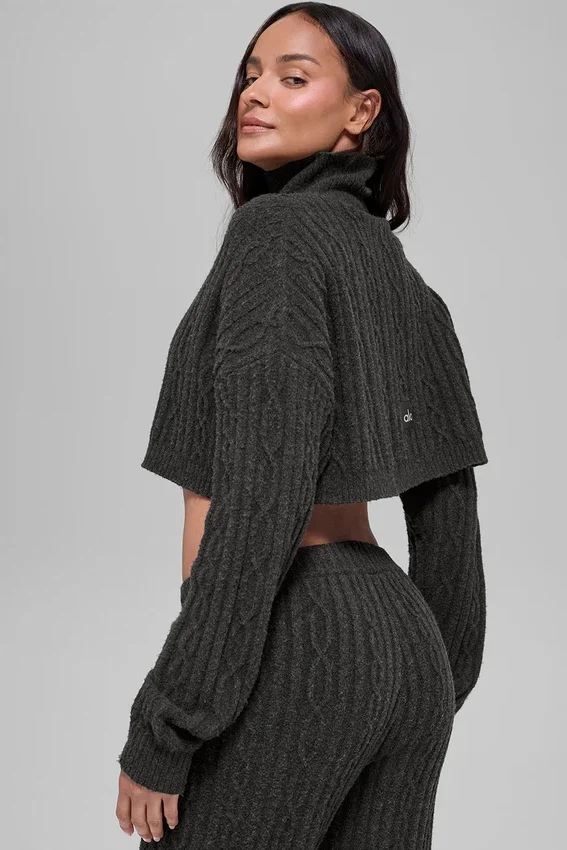Pull à col roulé court à manches longues Winter Bliss en maille torsadée - Gris foncé chiné