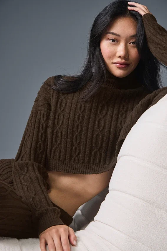 Pull à col roulé court « Winter Bliss » à mailles torsadées et manches longues - Espresso