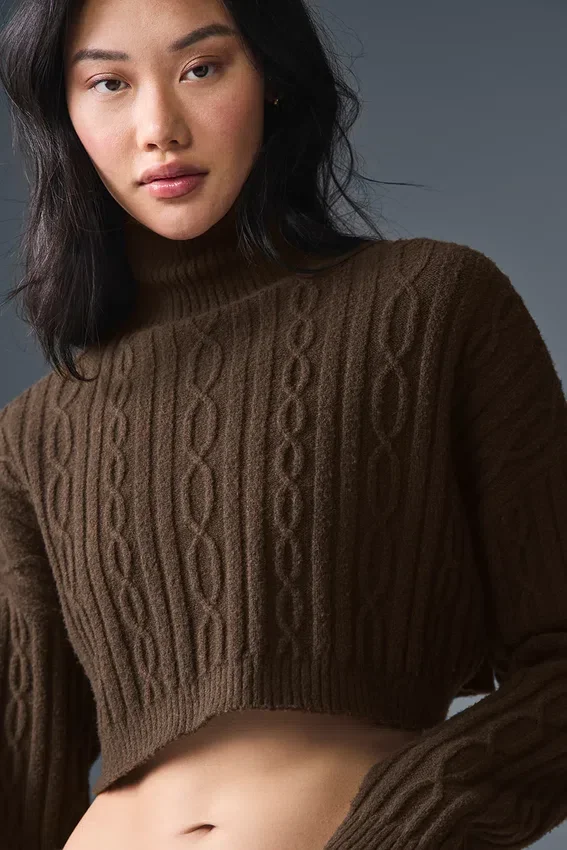 Pull à col roulé court « Winter Bliss » à mailles torsadées et manches longues - Espresso