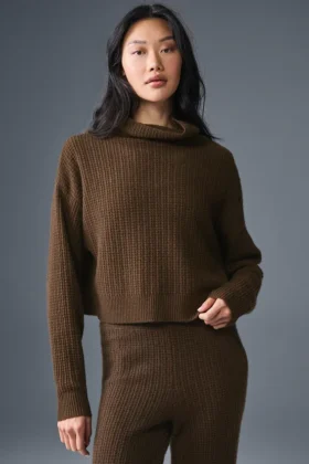 Pull à col roulé en cachemire moelleux à motif gaufré - Espresso