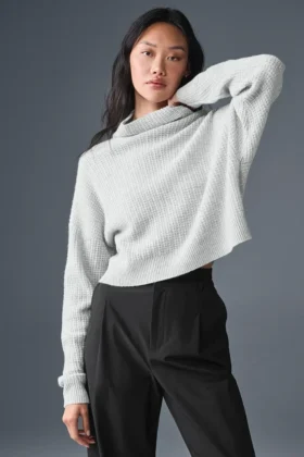 Pull à col roulé en cachemire moelleux à motif gaufré - Gris chiné athlétique