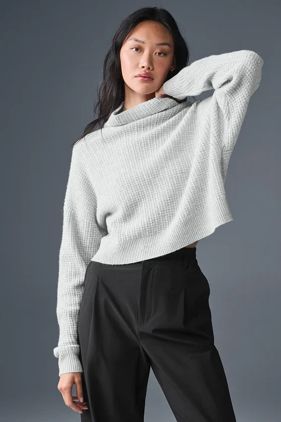 Pull à col roulé en cachemire moelleux à motif gaufré - Gris chiné athlétique