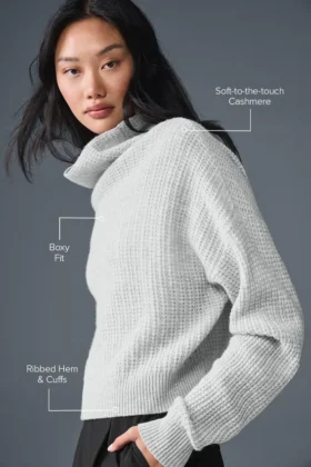 Pull à col roulé en cachemire moelleux à motif gaufré – Gris chiné athlétique