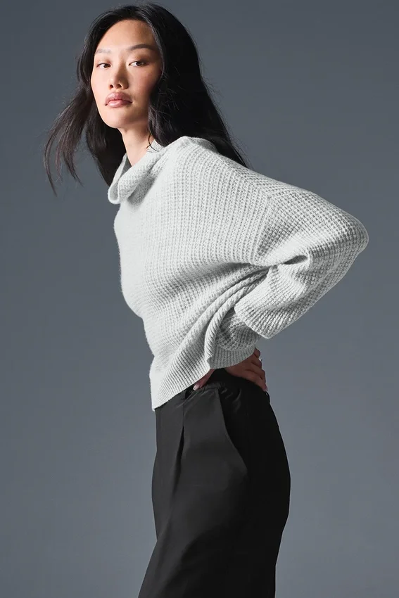 Pull à col roulé en cachemire moelleux à motif gaufré - Gris chiné athlétique