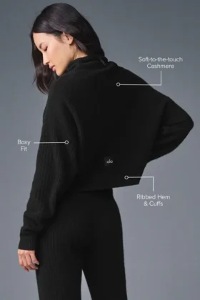 Pull à col roulé en cachemire moelleux à motif gaufré – Noir