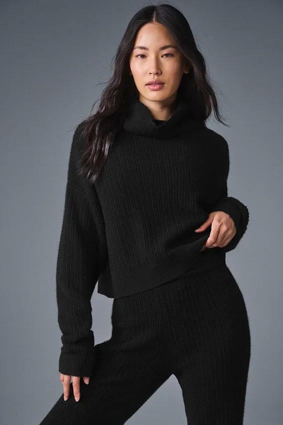 Pull à col roulé en cachemire moelleux à motif gaufré - Noir