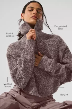 Pull à col roulé et fermeture éclair 1/4 – Marbré champignon
