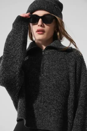 Pull à col roulé marbré avec fermeture éclair 1/4 - Noir marbré