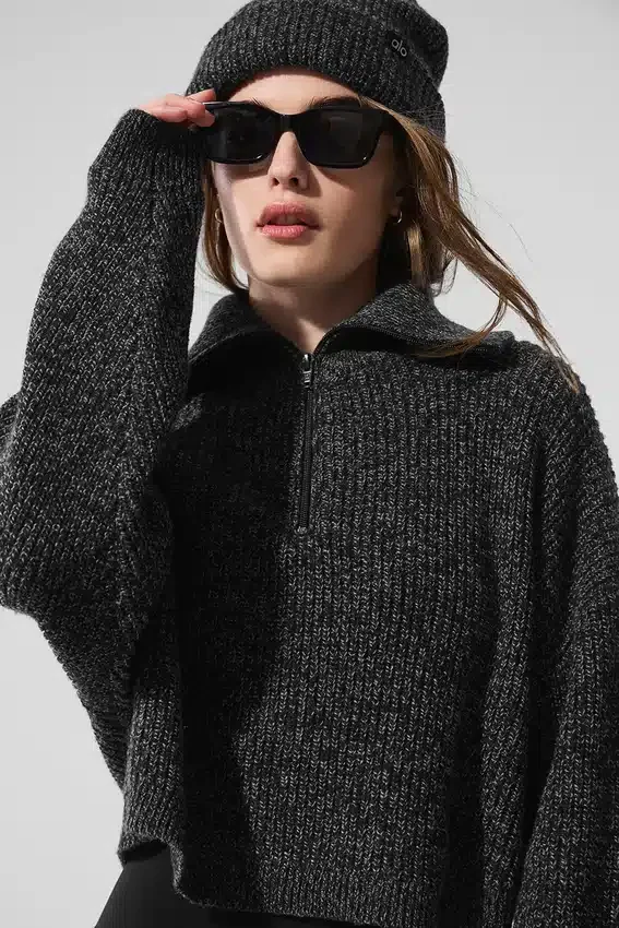 Pull à col roulé marbré avec fermeture éclair 1/4 - Noir marbré