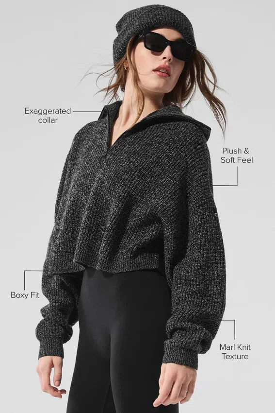 Pull à col roulé marbré avec fermeture éclair 1/4 - Noir marbré
