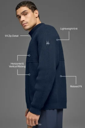 Pull à col zippé 1/4 en maille côtelée Domain Shift – Bleu marine