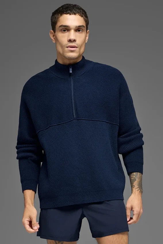 Pull à col zippé 1/4 en maille côtelée Domain Shift - Bleu marine