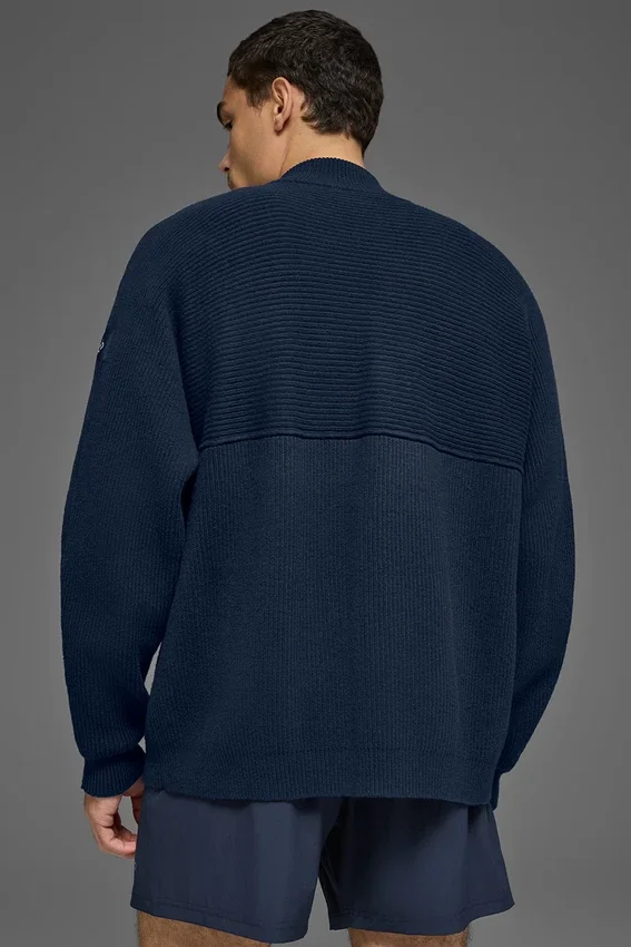 Pull à col zippé 1/4 en maille côtelée Domain Shift - Bleu marine
