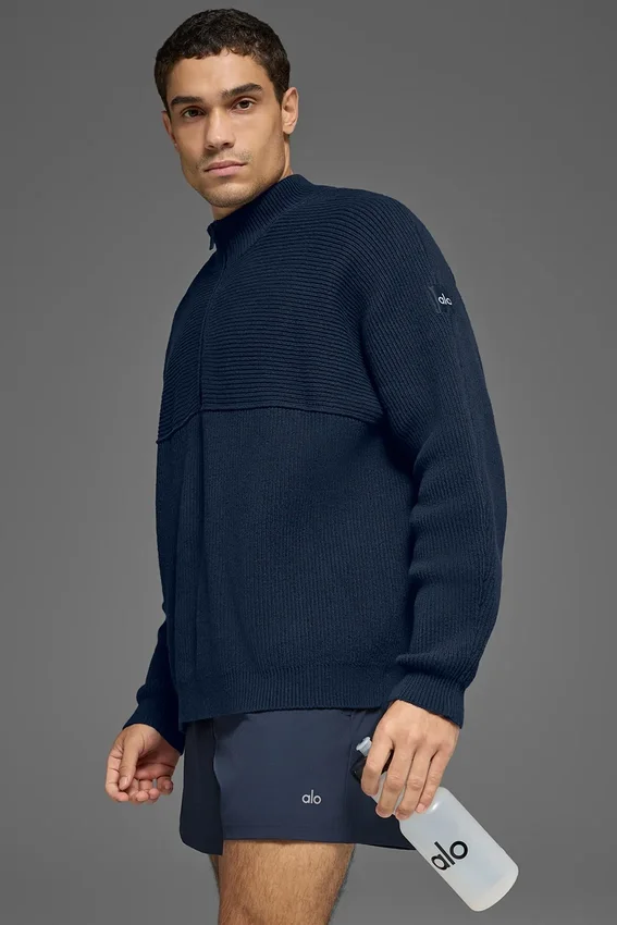 Pull à col zippé 1/4 en maille côtelée Domain Shift - Bleu marine