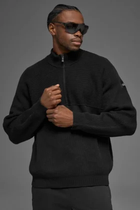 Pull à col zippé 1/4 en maille côtelée Domain Shift - Noir