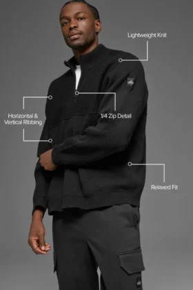 Pull à col zippé 1/4 en maille côtelée Domain Shift – Noir