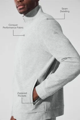 Pull Conquer Max à col montant et fermeture éclair intégrale – Gris chiné athlétique