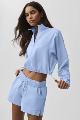 Pull court « Alumni » à fermeture éclair 1/4 - Bleu Provence clair