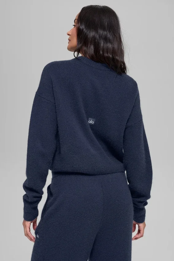 Pull court à col rond New Class en laine et cachemire - Bleu marine