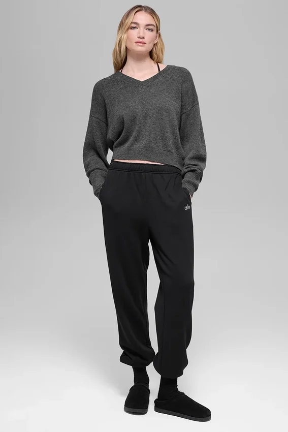 Pull court en laine et cachemire « New Class » à col en V - Gris platine