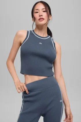 Pull court en maille côtelée Highline – Bluestone/Blanc