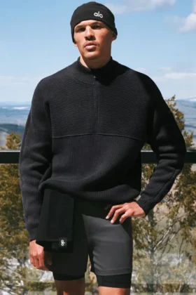 Pull Domain Shift à col rond et fermeture éclair 1/4 en maille côtelée - Anthracite