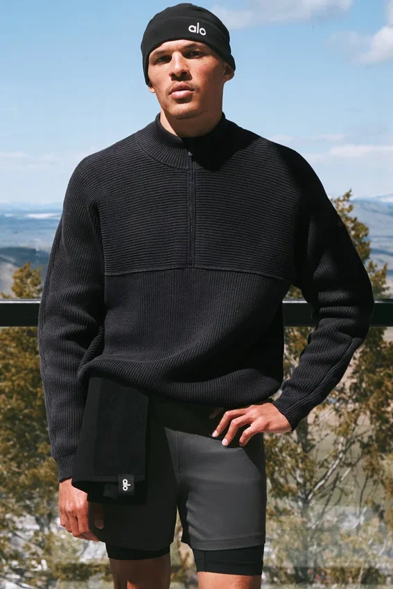 Pull Domain Shift à col rond et fermeture éclair 1/4 en maille côtelée - Anthracite