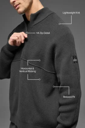Pull Domain Shift à col rond et fermeture éclair 1/4 en maille côtelée – Anthracite