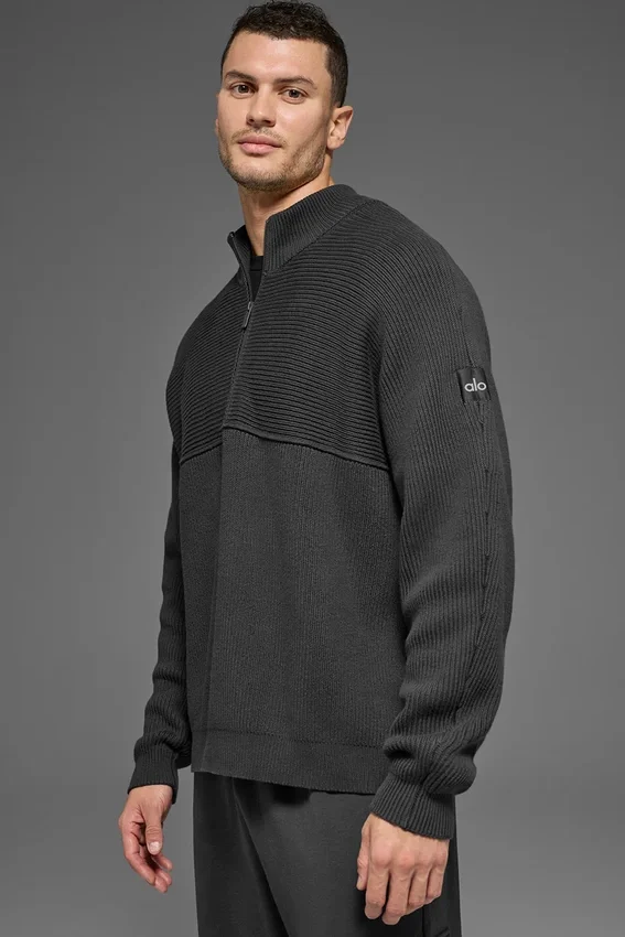 Pull Domain Shift à col rond et fermeture éclair 1/4 en maille côtelée - Anthracite