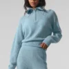 Pull en cachemire moelleux à motif gaufré avec fermeture éclair 1/4 - Bleu céleste chiné