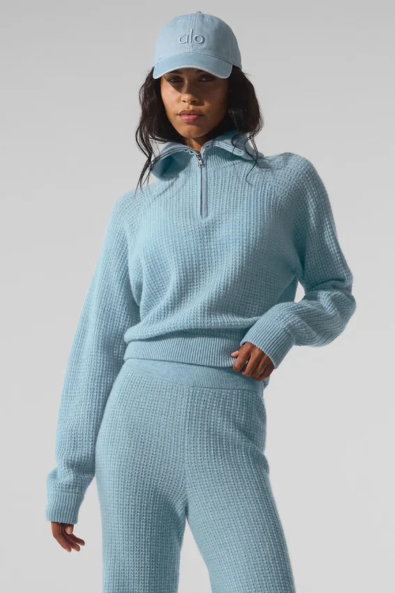 Pull en cachemire moelleux à motif gaufré avec fermeture éclair 1/4 - Bleu céleste chiné
