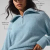 Pull en cachemire moelleux à motif gaufré avec fermeture éclair 1/4 - Bleu céleste chiné