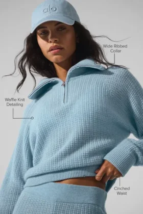 Pull en cachemire moelleux à motif gaufré avec fermeture éclair 1/4 – Bleu céleste chiné