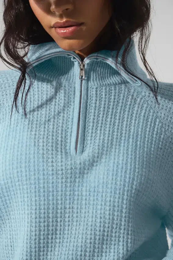 Pull en cachemire moelleux à motif gaufré avec fermeture éclair 1/4 - Bleu céleste chiné