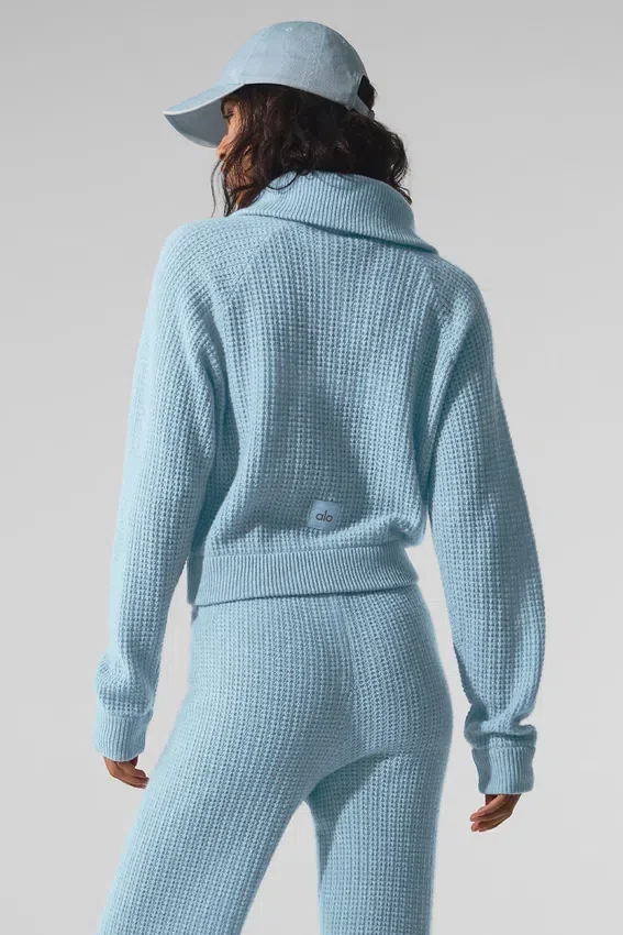 Pull en cachemire moelleux à motif gaufré avec fermeture éclair 1/4 - Bleu céleste chiné